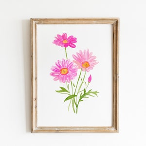 Watercolor Pink Daisy Art Print, Pink Watercolor Flower art, Botanical Prints, Watercolor Daisy Painting, Daisies Kitchen Decor, Daisy Art image 1