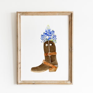 Brown Cowboy Boot with Bluebonnet Art Print, Floral Cowboy Boot Art, Western Art Print, Cowboy Art, Western Nursery Art, Texas art