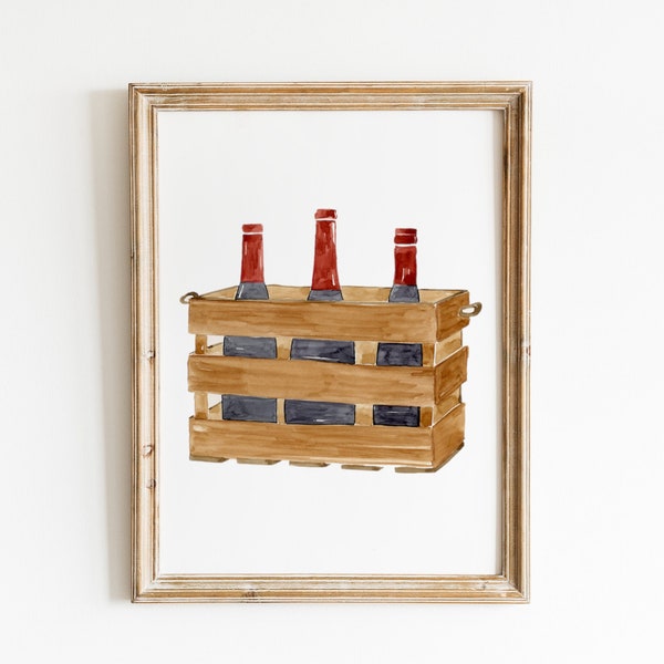 Watercolor Wine Wall Art Print, Farm House Decor, Wood Wine Holder art print, Wine Lovers Gift, Wine Crate wall art, Wine Wall Decor