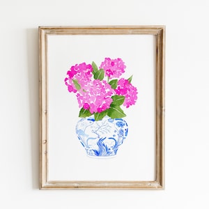 Impresión de hortensia rosa acuarela, porcelana azul y blanca de hortensia chinoiserie, impresión de hortensia rosa, arte de pared de hortensia de acuarela imagen 1