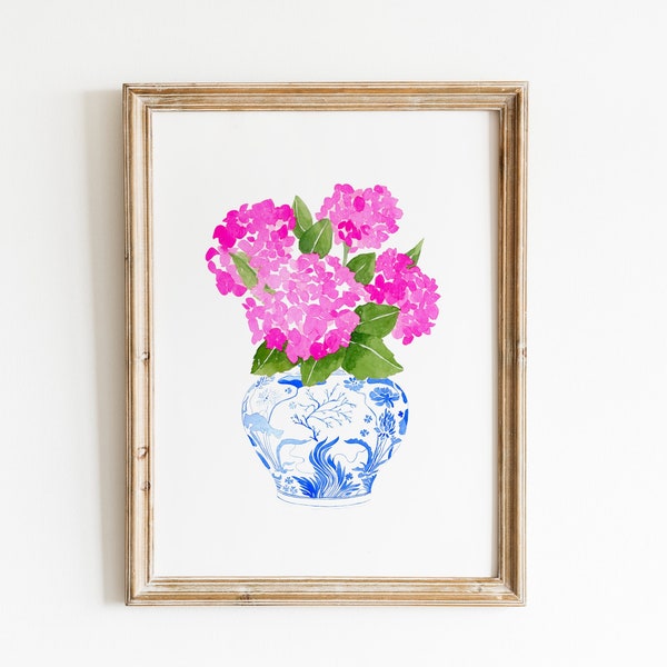 Aquarel roze hortensia print, chinoiserie hortensia blauw en wit porselein, roze hortensia print, aquarel hortensia kunst aan de muur