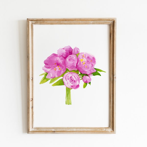 Watercolor Pink Peony print, Hot Pink Decor, Minimalist Artwork, Flower Print ,Gift for her, pink floral art, fuchsia peony print