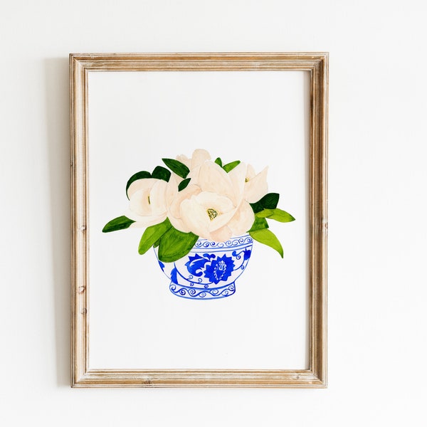 Watercolor Chinoiserie magnolia Art, Magnolia wall art, Chinoiserie Blue White Porcelain print, Flower Ginger Jar Poster Botanical Print