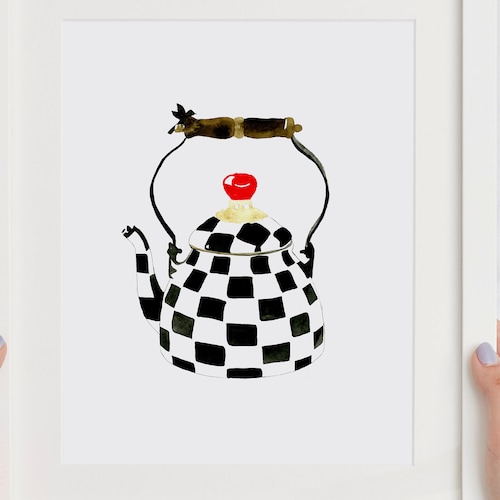 Teapot Watercolor Print Checkered Printteapot Art Print Wall Etsy