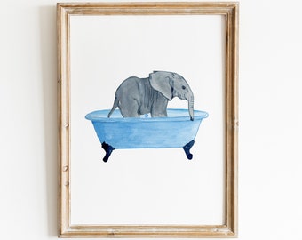 Watercolor Elephant in Blue Bathtub art print, Vintage Bathroom Art Print, Bathroom Wall Decor, Animal in Tub, Bathtub Animal Art