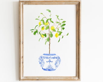 Watercolor Lemon Chinoiserie Print, Blue and White print, lemon watercolor decor, Blue White Chinoiserie Citrus Tree, lemon wall art