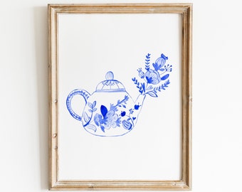 Watercolor Vintage Blue Coffee makers kitchen print, blue and white china porcelain coffee makers