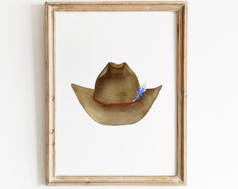 Impression d'art aquarelle chapeau de cowboy marron, art mural chapeau de cowboy western, art du Texas, impression western, estampes neutres, décoration champêtre