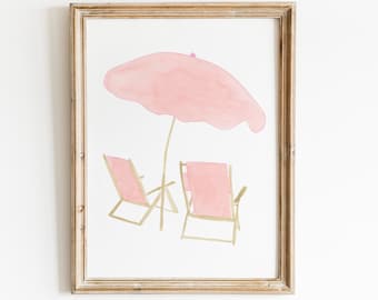 Watercolor Pink Beach Chair, Watercolor Beach art, Pink Beach print, Pink Beach wall art, Watercolor pink retro, Beach theme art