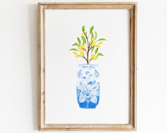 Aquarell Zitronenbaum Zweig in blau Chinoiserie Vase Ingwer Glas Kunstdruck, Aquarell Zitrone Druck, Chinoiserie Zitrone Aquarell Kunst