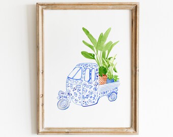 Watercolor Chinoiserie Leaves in blue and white car. Green plant Art Print, Leaf Print, tropical decor, Blue Vase Tropical Leaves Print