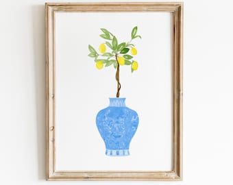 Lemon Print, Aquarel Lemon Print, Chinoiserie citroen aquarel kunst, Blue White Chinoiserie Citrus Tree, citroen muur kunst, Keuken Muur kunst