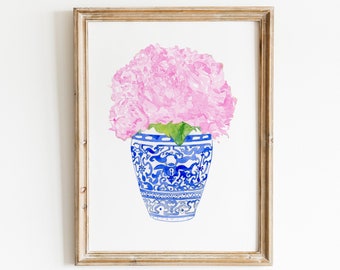 Watercolor Peony print, Coastal Blues, Watercolor Chinoiserie Pink peonies floral print, Blue and White Vase art , Blue and White porcelain