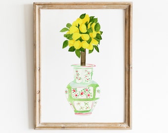 Watercolor Lemon Chinoiserie Print, Rose Medallion Ginger Jar vase Art, lemon watercolor decor,  Chinoiserie Citrus Tree, lemon wall art