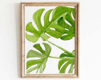 Monstera Print Watercolor, Botanical Print Tropical Leaf Wall Art Decor Print Bedroom Decor Green Leaves , large Leaf Print,Plant Artwork