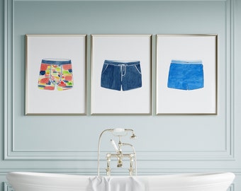 Watercolor Art Print Set of Men's Vintage Trunks, Vintage Swimsuit Print Set, Vintage Shorts Art Set, Beach House Decor, Lake House Wall Art