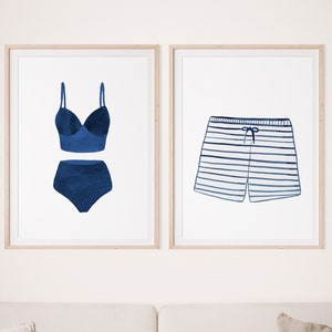 Vintage Navy Blue and White Swimsuit Art Print, Bathing Suit Print set, Beach House Decor, Lake House Wall Art, Nursery decor, Bathroom art