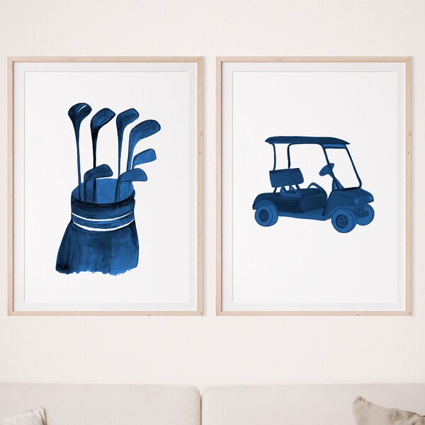 Golf Nursery Art, Watercolor Golf Print Set of 2, Blue Golf Decor, Golf Art, Golf Gift, Golf Baby Room