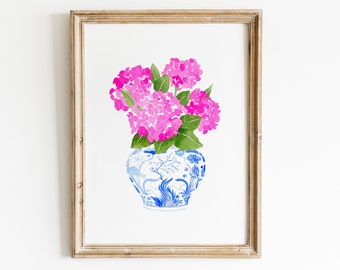 Aquarel roze hortensia print, chinoiserie hortensia blauw en wit porselein, roze hortensia print, aquarel hortensia kunst aan de muur