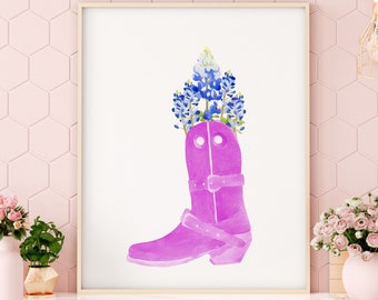 Pink Cowboy Boot with Bluebonnet Art Print, Floral Cowgirl Boot Art, Western Art Print, Cowboy Art, Cowgirl Art, Western Nursery Art