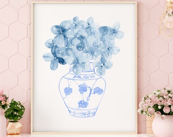 Hydrangea Print, Watercolor Blue Hydrangea Print, Hydrangea in Blue Vase, Watercolor Hydrangea Wall Art, Blue Flower Print, Coastal Decor