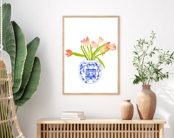 Watercolor Tulips Chinoiserie Vase, Coastal Blues Watercolor Tulip porcelain print, Blue White porcelain, Pink floral watercolor,Home Decor