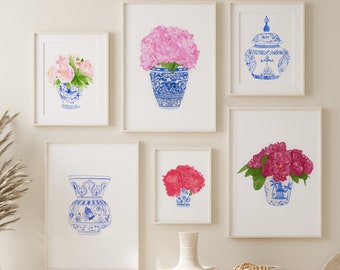 Set of 6 chinoiserie art, ginger jar, gallery wall prints, gallery wall art, pink print, trendy wall art, Watercolor peony porcelain print