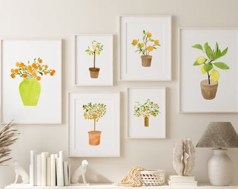 Set of 6 Watercolor Citrus Trees, Citrus Tree Painting, Orange Lemon Tree Print, Kitchen Wall Art, Home Decor Art, Gallery Wall Art