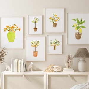 Set of 6 Watercolor Citrus Trees, Citrus Tree Painting, Orange Lemon Tree Print, Kitchen Wall Art, Home Decor Art, Gallery Wall Art