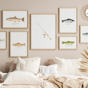 Watercolor Fishing Art Print Set, Fishing Pole, Salmon, Trout