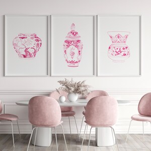 Hot Pink Watercolor Chinoiserie Print, Set of 2 Hot Pink Vases, Pink Watercolor Porcelain, Hot Pink Wall Art, Pink Wall Art Set, Pink Vases image 6