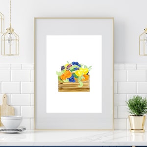 Watercolor Fruit Basket Art Print, Kitchen Decor print, Watercolor fruit, Kitchen Wall Art, farmers market basket art print, food home decor image 1