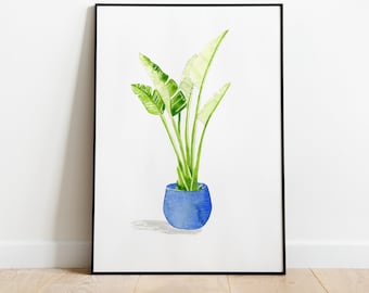 House Plant in pot painted in watercolor, botanical wall art, Tropical wall decor, Botanical Art Print, House Plant Print