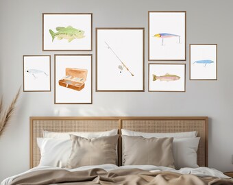 Watercolor Fishing Art Print Set: Bass, Trout, Lures