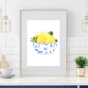 Watercolor Lemon in Blue bowl, Lemon Print, Kitchen Wall Art, cooking gift, Kitchen Print,Lemons in Bowl, gift for mom, gift for her