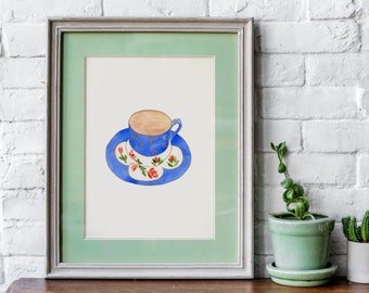 Watercolor Vintage Coffee Print, Blue Coffee Poster, Kitchen Art Print, Coffee Lover Gift, Coffee Wall Decor