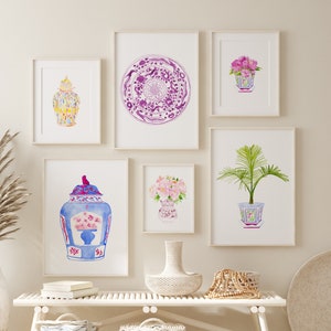 Set of 6 chinoiserie art, ginger jar, gallery wall prints, gallery wall art, pink print, trendy wall art, Watercolor peony porcelain print image 1