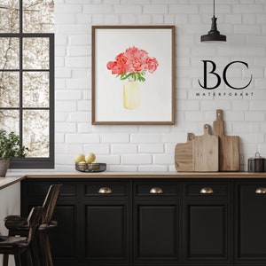 Red Peonies in a Ginger Jar,  Watercolor Red Peonies in a Vase Wall Art, Red watercolor flowers, Floral Still Life Art Print