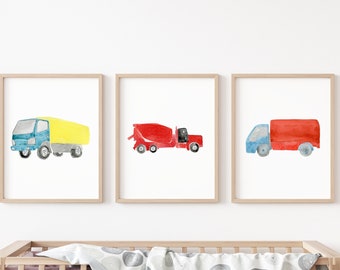 Watercolor Construction nursery decor, Set of 3 Construction truck prints for Boys Room, Baby boy nursery art, Boys room wall art