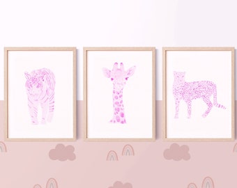 Watercolor Safari Nursery prints, pink safari nursery decor, Nursery prints set of 3, Nursery Home Decor, Safari baby shower, Girl nursery