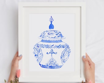 Acuarela azul y blanco porcelana pintura, arte de estilo de Hampton, impresión de chinoiserie, arte chinoiserie, China ósea, Jar