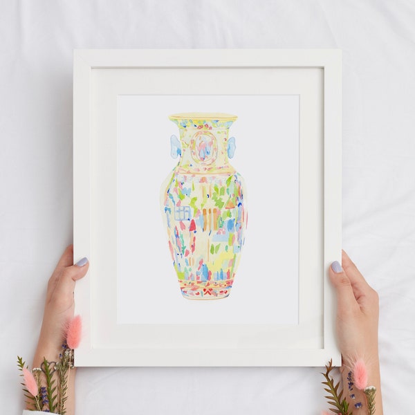 Watercolor Chinese porcelain print, Famille Rose Vase, Rose medallion , Chinoiserie artwork, Antique Famille Rose medallion Vase