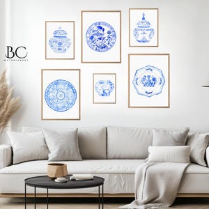 Set of 6 chinoiserie prints, watercolor ginger jars & porcelain plates gallery wall art prints, Chinoiserie art, Blue kitchen home decor