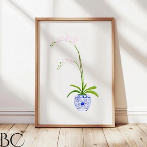 Pink Orchid in Blue and White Vase, Watercolor Orchid Blue and White ginger jar, modern mud room art, coastal blues, Pink Orchid Painting