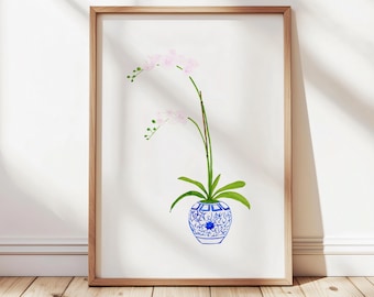 Pink Orchid in Blue and White Vase, Watercolor Orchid Blue and White ginger jar, modern mud room art, coastal blues, Pink Orchid Painting