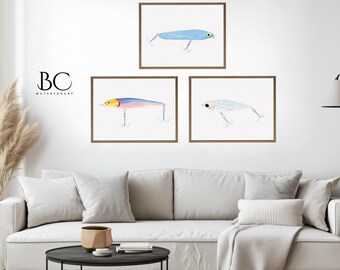 Fishing Lures Set of 3 Prints, Fishing art, watercolor fishing lures, lure art set, Fish Decor, Fishing Art Print Set, Fish Prints