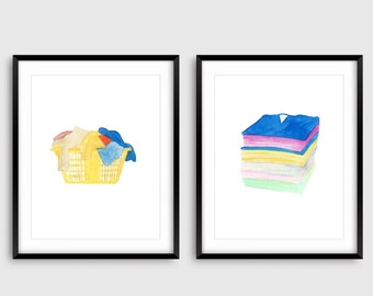 Watercolor Laundry Room Decor, Laundry Basket Art, watercolor Laundry room Art print set of 2, Wash, Fold, repeat print, laundry basket art