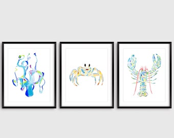 Watercolor Sea Art Prints, Set of 3 Octopus, Crab, Lobster print, Ocean Life Wall Art, Beach Home Decor print, Coastal Art Print
