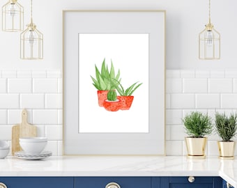 watercolor cactus art print , cactus artwork , cactus wall art, red vase watercolor cactus print, Cactus Home decor, gift, chinoiserie,