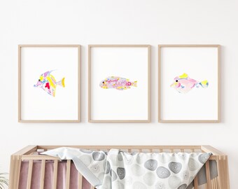 Pink Fish Watercolor Print Set, Nursery ocean prints, Tropical Fish print, Nursery decor, baby girls room decor, Pink Nursery wall art